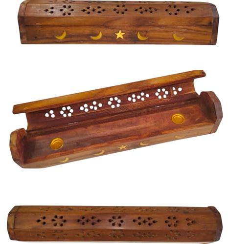 Brown Wooden Incense Holder with Sun & Moon Design – Handcrafted Ash Catcher for Sticks & Cones