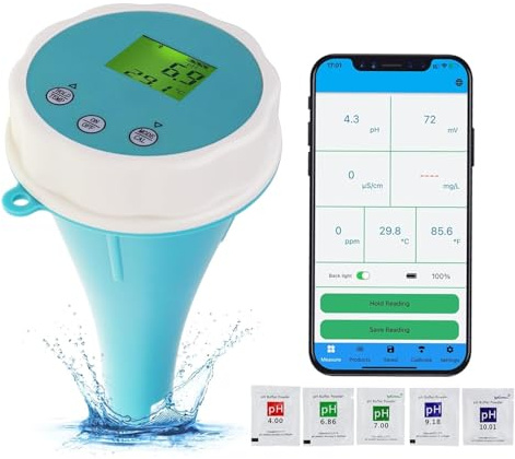 Probador de calidad del agua Bluetooth para pH, ORP, EC, TDS, temperatura y cloro, termómetro flotante WiFi impermeable para piscinas, jardines, acuarios
