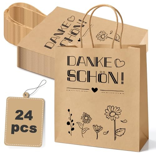 Papiertüten mit Henkel Kleine 24er Set (21x15x8cm) - Vorbedruckt mit Dankesworte - Kraftpapier Geschenkverpackung 130 g/m² für Einzelhandel, Gastronomie & Hochzeit (B-Danke schön)