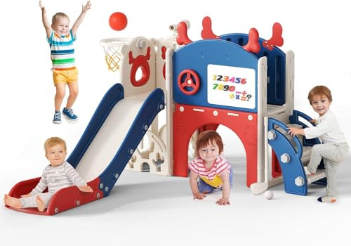 Toboggan pour enfants, grand toboggan avec panier de basket, cadre d'escalade pour jardin, télescope, espace de rangement (toboggan six en un - bleu et rouge)