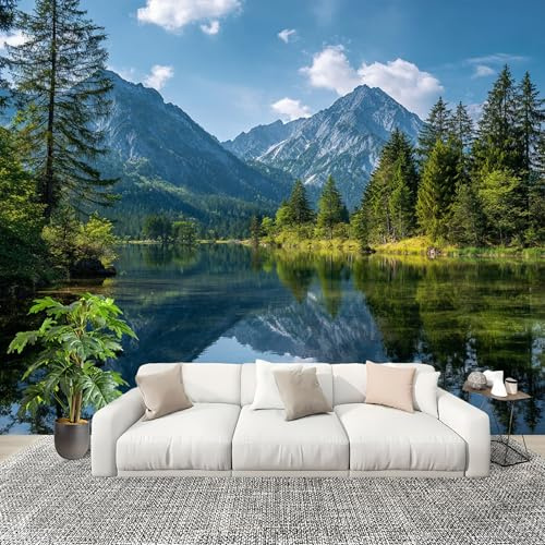 Paysage de Montagnes, D'Eau Et de Lacs Papier Peint Intissé Fresque Murale 200x140 cm Paysage Naturel Poster Murale Photo pour Salon, Chambre, Salle à Manger, Effaçable Papier Peint Panoramique