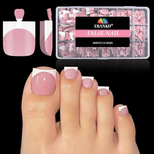 EBANKU 300PCS French Nageltips Falsche Fußnägel, Künstlich Zehennägel | Nägel zum Aufkleben Rosa French Press on Nails Füße Vollständige Abdeckung Falsche Zehennägel Set,15 Größen