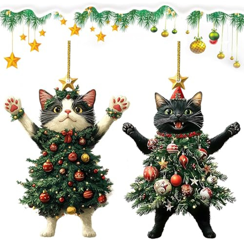 YGCHEN Weihnachtsanhänger Katze Weihnachtsbaumschmuck Weihnachtskatze Weihnachtsbaumanhänger Weihnachtsdeko Christbaumschmuck 2D Acryl Katzen Weihnachtsbaum Hängende 8 Stück