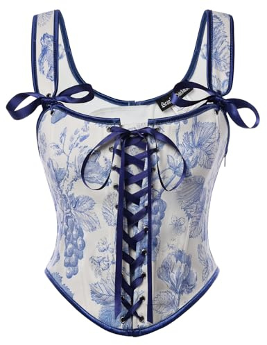 Skarlet mörker kvinnor renässans korsett U-hals korsett blomtryck korsett snörning bustier, Blå druvor, 36