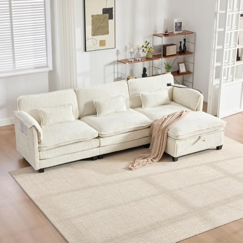 Vepssder Vesper - Sofá esquinero de 3 plazas, moderno, con USB, bolsillos laterales, soporte para teléfono móvil y taburete modular, para salón, dormitorio u oficina, apartamentos, etc. Color beige
