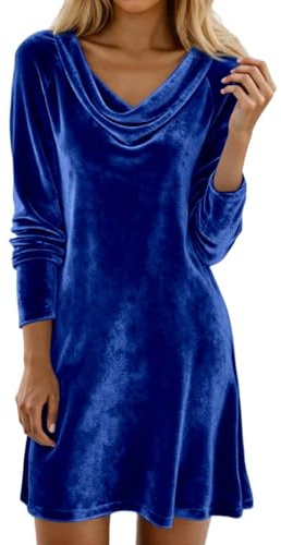 Generisch Vestido de terciopelo para mujer, elegante vestido de fiesta de manga larga con cuello en cascada, tela de terciopelo suave, vestido de cóctel, para ropa de noche de invierno, 02 azul., M