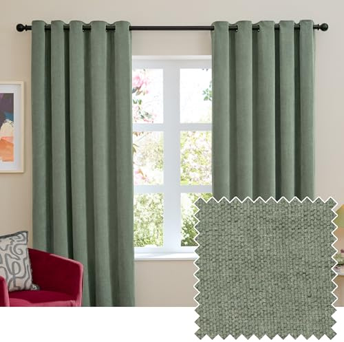 furn. Soft Chenille Blackout Eyelet Curtain Pair – Soft Touch Matt Textured Lined Minimalist Curtains (Green - 229x183cm)