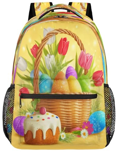 Œufs De Pâques Printaniers, Tulipe Sur Panier Sacs D'École Léger Sacs A Dos Antivol Cartables Scolaires Pour Plein Air Vélo Quotidienne 29X40Cm