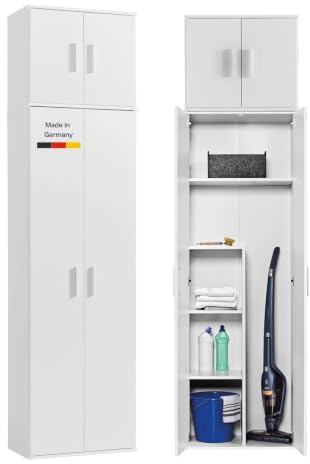 mokebo Mehrzweckschrank deckenhoch Besenschrank (230x60 cm) 'Der Extralange' Made in Germany aus Holz extra hoch mit 4 Türen auch als Vorratsschrank Putzschrank Flurschrank Weiß