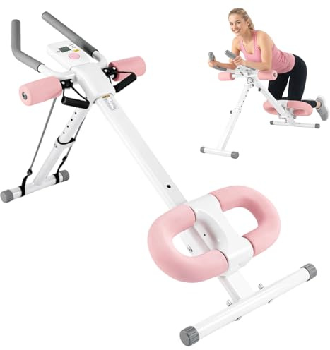 Ab Machine Adjustable Ab Trainer for Home Gym Foldable Abs Workout Equipment with Knee Padding and LCD Monitor (Pink)