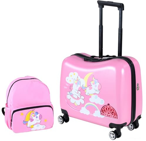 GYMAX 2Pcs Kids Luggage Set, 12 Backpack & 18 Children Hand Trolley Case with Wheels and Anti-Lose Rope, Girls Boys Carry On Suitcase for Travel School (Pink)