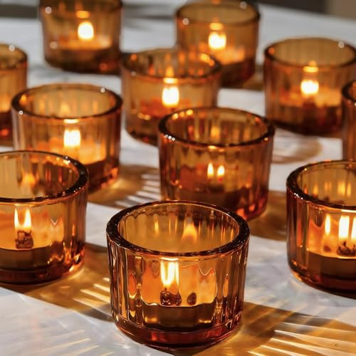 12 Stück Teelichthalter Glas, Teelichtgläser Vintage Kerzenhalter Glas,Teelichter Glas Set, 5cmx3,5cm Kerzengläser, Geeignet für Hochzeit Weihnachten, Partys & Tischdekoration, Gläser Klein (Braune)
