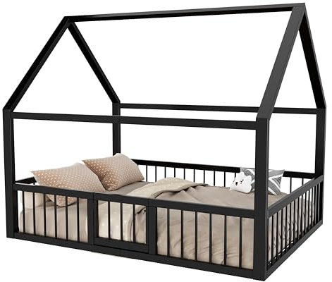 SOFTWEARY Hausbett mit Lattenrost, Zaun, Tür und Rausfallschutz, Metallbett, Kinderbett, Doppelbett, Jugendbett (schwarz, 140x200 cm)