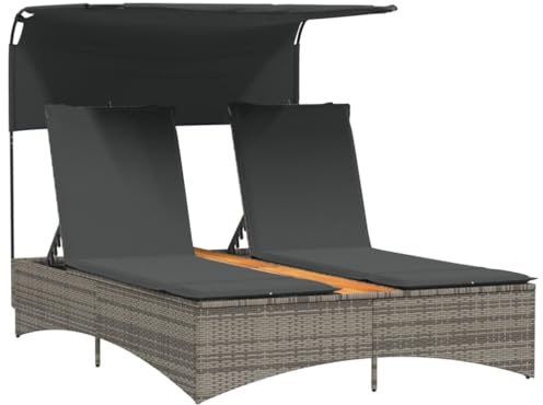 Fisinber Doppel-Sonnenliege mit Dach und Auflagen Grau Poly Rattan Gartenliege für 2 Personen mit Verstellbarer Rückenlehne Akazienholz-Tisch Sonneninsel 136x202cm
