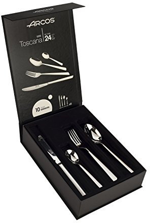 Arcos Serie Toscana - Pacco Regalo Set di Posateria 24 Pezzi (6 Coltelli + 12 Cucchiaio + 6 Forchetta) - Monoblocco Unipezzo Colore Argento