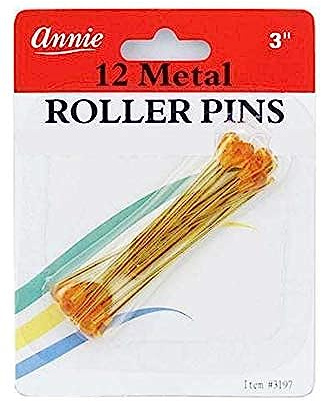 Annie Metal Roller Pins 3 Inch, 12 Count, Amber Steel Hair Roller Pins for Wire Mesh Rollers & Foam Curlers, Secure Hold for Overnight Sets, Salon & Home Styling