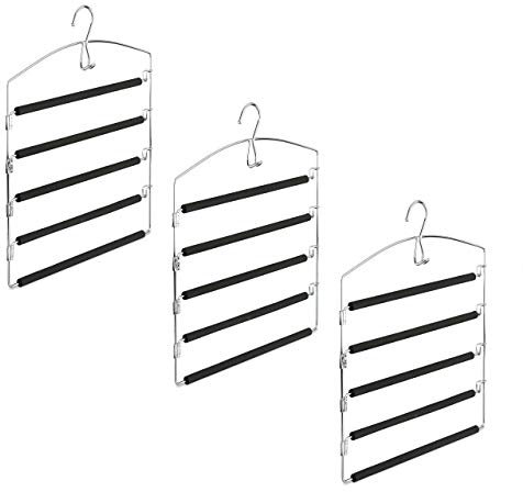 Relaxdays Grucce per Pantaloni Salvaspazio, Set 3 Appendiabiti Multiplo Imbottito, Metallo, 44,5x37x2,7 cm argento/nero