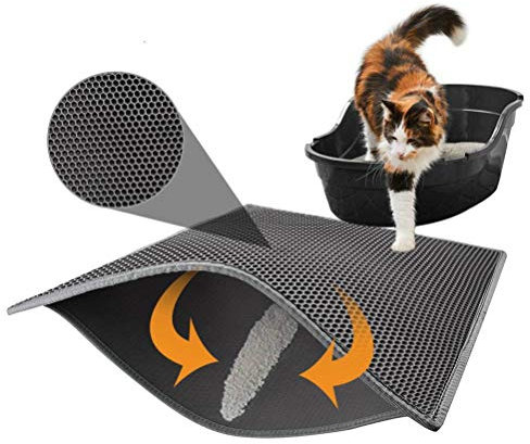 Mooyii Katzenklo Matte, Katzenstreu Matte 75x 55cm Katzenklo Unterleger Waben Design Katzenklo Vorleger wasserdichte Doppelte Schichte Entwurf Bienenwabe Katzenstreu Matte Schwarz (S: 40 x 50cm)