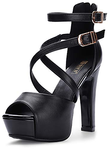 IDIFU Women's IN5 Charcy Crisscross Strappy Platform High Chunky Heels Peep Toe Pump Party Heeled Sandals(95 M US, Black Pu)