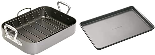 MasterClass KCMCHROAST36 Deep Roasting Tin with Rack and Teflon Xtra Non Stick Coating, Grey, 40 x 28 x 8 cm & Large Baking Tray with PFOA Free Non Stick, Robust 1 mm Carbon Steel, 39 x 27 cm