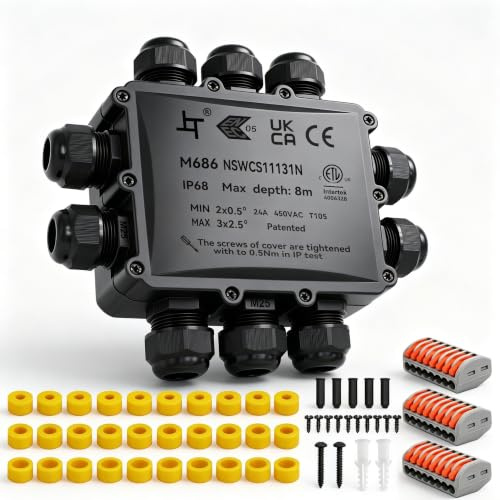Verteilerdose, Abzweigdose, Junction Box, HUYU IP68 elektrische Außenverteilerdose, Erdkabel Anschlussdose, mit M25 verstellbaren Kabelverschraubungen, für Kabeldurchmesser Ø 4mm-14mm, 10-Wege