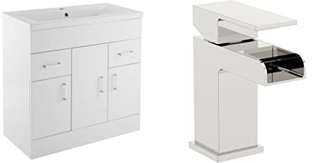 VeeBath Sobek 800 Vanity Unit with Basin and Waterfall Mixer Tap, Floor Standing Cabinet Rectangular Ceramic Wash Basin for Bathroom Furniture with 3 Doors and 2 Drawers- Gloss White (Flat Pack)