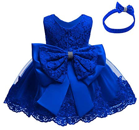 Newborn Baby Girls Lace Dress Embroidered Flower Bowknot Princess Wedding Bridesmaid Birthday Party Christening Baptism Prom Tutu Gown with Headband Dark Blue 9-12 Months