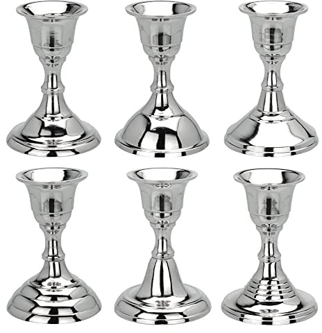 Murago 6er Set Kerzenständer ca. 8,5cm Silber farbig Kerzenleuchter Stabkerzenhalter Leuchter Kerzenhalter Metall klein Chrom einarmig