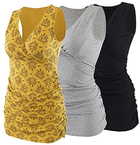 COLOMI maternità Allattamento Canotta Abbigliamento Premaman Top Sleep Reggiseno per L'Allattamento al Seno (Black+Grey+Yellow Print/3PACK, L)