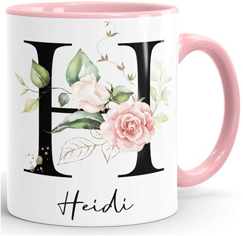 SpecialMe® Kaffee-Tasse mit Buchstabe Initiale Monogramm personalisiert mit Namen Rosen-Motiv persönliche Geschenke Rosa Keramik-Tasse