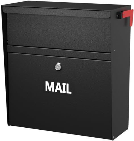 Pochar Rainproof Wall Mount Mailbox for Outside - Locking Galvanized Steel Mail Box with Outgoing Mail Flag - Morden Mailbox for House Office Apartment - Outdoor Mailboxes with Lock & Key (Black)