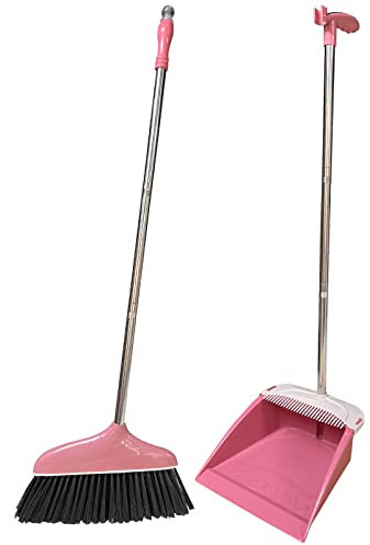Roellgs Besen und Kehrschaufel Set, vertikal, langer Stiel, Haushaltsreinigungsset (Rosa)