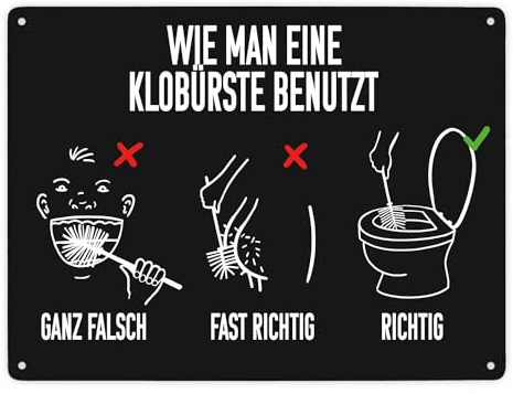 Wie man eine Klobürste benutzt Toiletten Metallschild XXL in 28x38 cm humorvolles Blechschild mit Anleitung für richtige Handhabung einer Toilettenbürste mit Grafiken