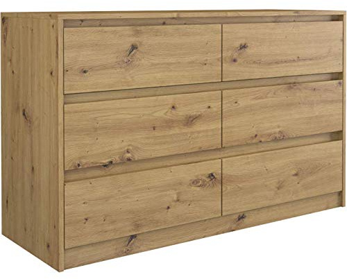 CDF Moderne Kommode Sideboard mit 6 Schubladen grifflose Anrichte Schlafzimmerschrank Wohnzimmermöbel robust & stabil Stauraum Schrank 120 x 40 x 73,5 cm - Eiche Artisan
