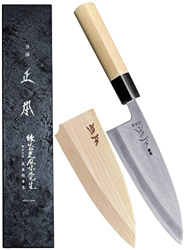 MASAMOTO KS Japanese Deba Knife with Sheath 6 (150mm) [HONBAZUKE] Made in JAPAN, Professional Heavy Duty Knife for Fish, Ultra Sharp Japanese Carbon Steel Blade, Wood Wa Handle, Black Ferrule
