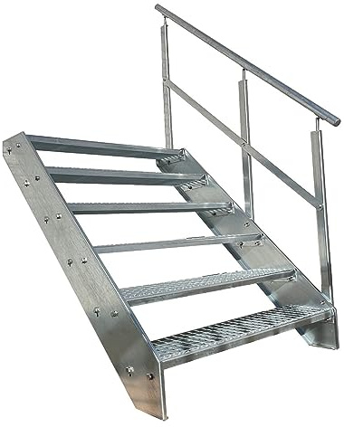 Premium Caillebotis acier Escalier à limon 6 Marches Entièrement galvanisé avec garde-corps à droite - Dimensions (L x l x H) 120cm x 100cm x 114cm