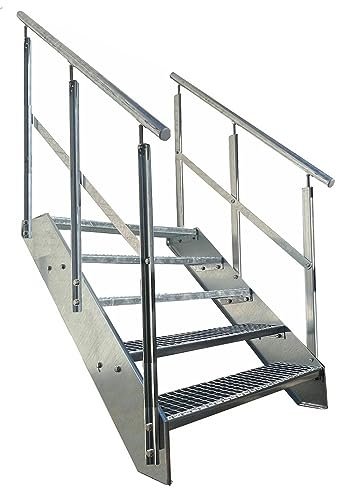 Kaminbau Mierzwa Premium Stahl Treppe Beidseitiges Geländer Verzinkt 5 Stufen (Breite 1200 mm) (Höhe 95 cm) Wetterfest Gitterroststufe Gartentreppe