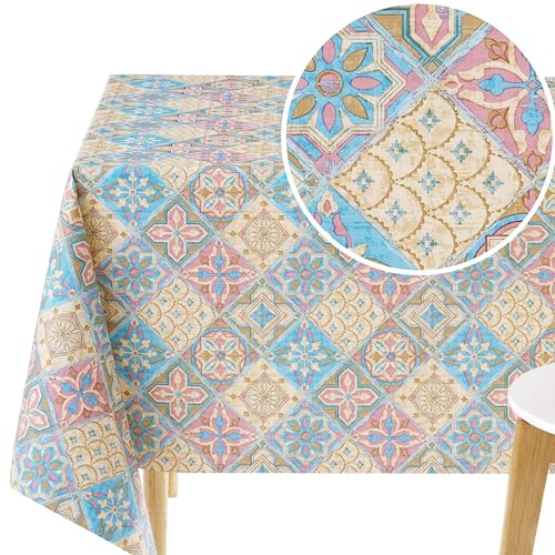KP HOME Tovaglia Plastificata Rettangolare 250x140cm, Beige Rosa Blu Tovaglia Cerata per Tavolo da 8 Posti, in Plastica Facile da Pulire, Impermeabile, con Motivo Azulejo Lisbona Piastrelle