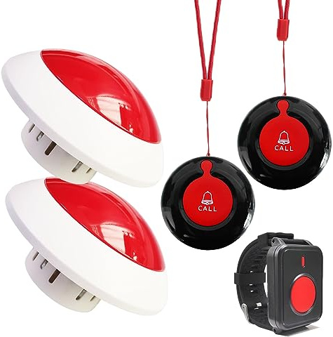 Wireless Caregiver Pager System - 2 Receivers with Strobe Light 3 Waterproof Transmitters (2 Lanyard/1 Watch SOS Button) Emergency Alert for Elderly Patients Home Care Hospitals No Monthly Fee