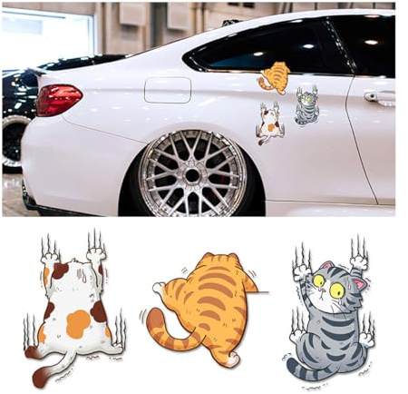 JNNJ 3 Stück Lustige Cartoon Katze Auto Aufkleber, Weiß/Gelb/Grau, PVC, Wasserdicht, Selbstklebend, für Auto, Wand, Laptop, Fenster