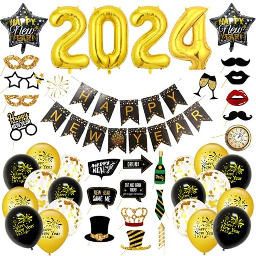 Silvester Deko 2025, 48 Stück Happy New Year Deko, Happy New Year Banner, 2025 Folienballons, Fotorequisiten, Konfetti Ballons, Neujahrsdeko, Silvesterpartydeko Accessoire für Silvesterparty