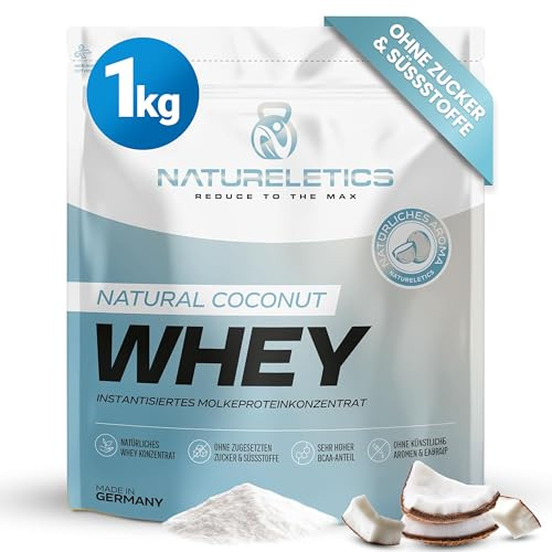 NATURELETICS KOKOS Whey Protein Ungesüßt ohne Süßstoffe und Zuckerzusatz Natürliches Premium Eiweißpulver, 1kg ohne Aspartam & Sucralose, Low Carb, Hoher BCAA-Anteil, Made in Germany