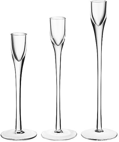 MUCKLILY 3pcs Clear Glass Taper Candle Holders Slim Design for Weddings Parties Home Decor Stable Base Space-saving High Transparency Craftsmanship