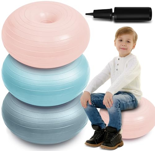 Lewtemi 3 Asientos Flexibles para el Aula de 16.8 Pulgadas, sillas inflables de Pelota de Yoga con inflador, Dona, Ejercicio, Silla de Bola para niños, Estudiantes, Equilibrio sensorial, Oficina en