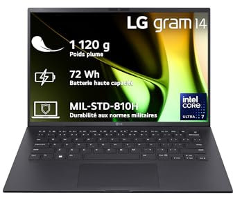 LG Gram 14Z90S-G.AA58F - PC Portable 14 999g, écran IPS FHD+ 16:10, Plateforme Intel® Evo™ de 14e génération, RAM 16Go, SSD 1To NVMe, Intel Iris XE, Thunderbolt™ 4, Windows 11, Clavier AZERTY, Noir