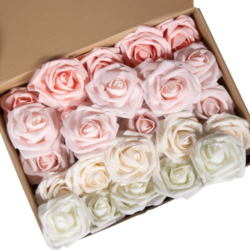 Fyshird Künstliche Rosen 25 Stück Wie Echt Blumen Deko Fake Flowers Rosa für Hochzeitsdeko Geburtstagsdeko Party Valentinstag (Rosa Serie)