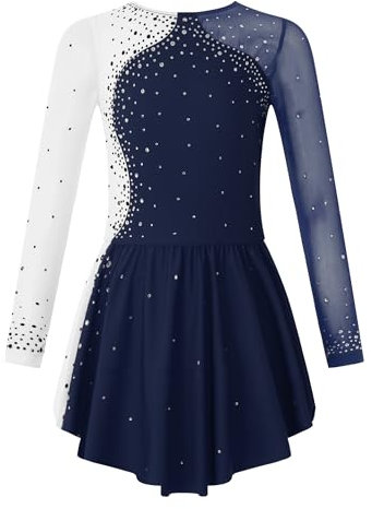 Miaeowve Eiskunstlauf Kleid Mädchen Glitzer Kinder Langarm Ballettkleid Mit Strass Farbblock Patchwork Trainingskleid Rollkunstlauf Standard Kostüm Navy blau 134-140