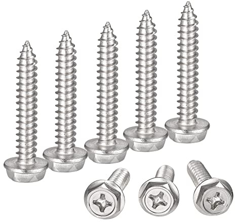 sourcing map Phillips Hex Washer Self Tapping Screws, M6 x 35mm 304 Stainless Steel Hex Flange Sheet Metal Screw 10pcs
