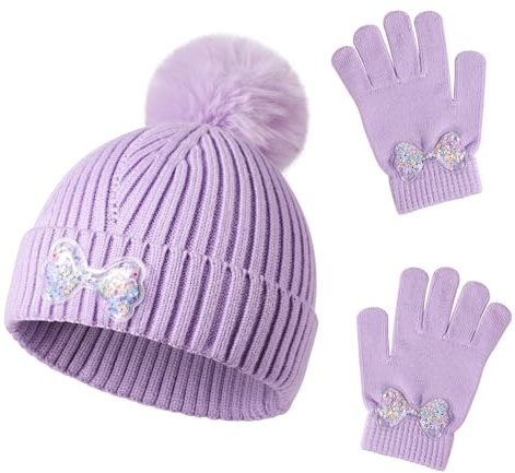 QKURT Girls Beanie Winter Hat and Mittens Set, Warm Accessories for Toddler Knitted Cold Weather, Kids Thermal Hat and Gloves