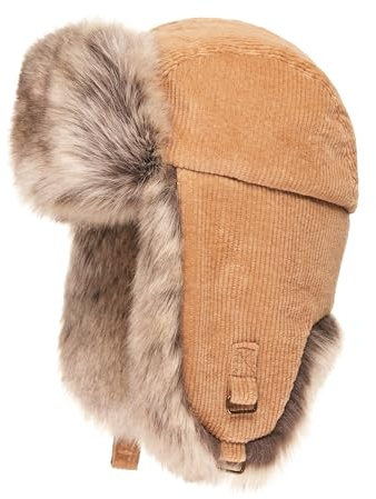 Futrzane Trappermütze aus Cord - Ushanka Herren - Fell Mütze mit Ohrenklappen (M, Beige - Beige Siberian)